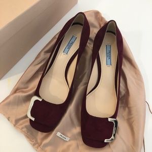 Prada maroon suede block chunky heel with buckle